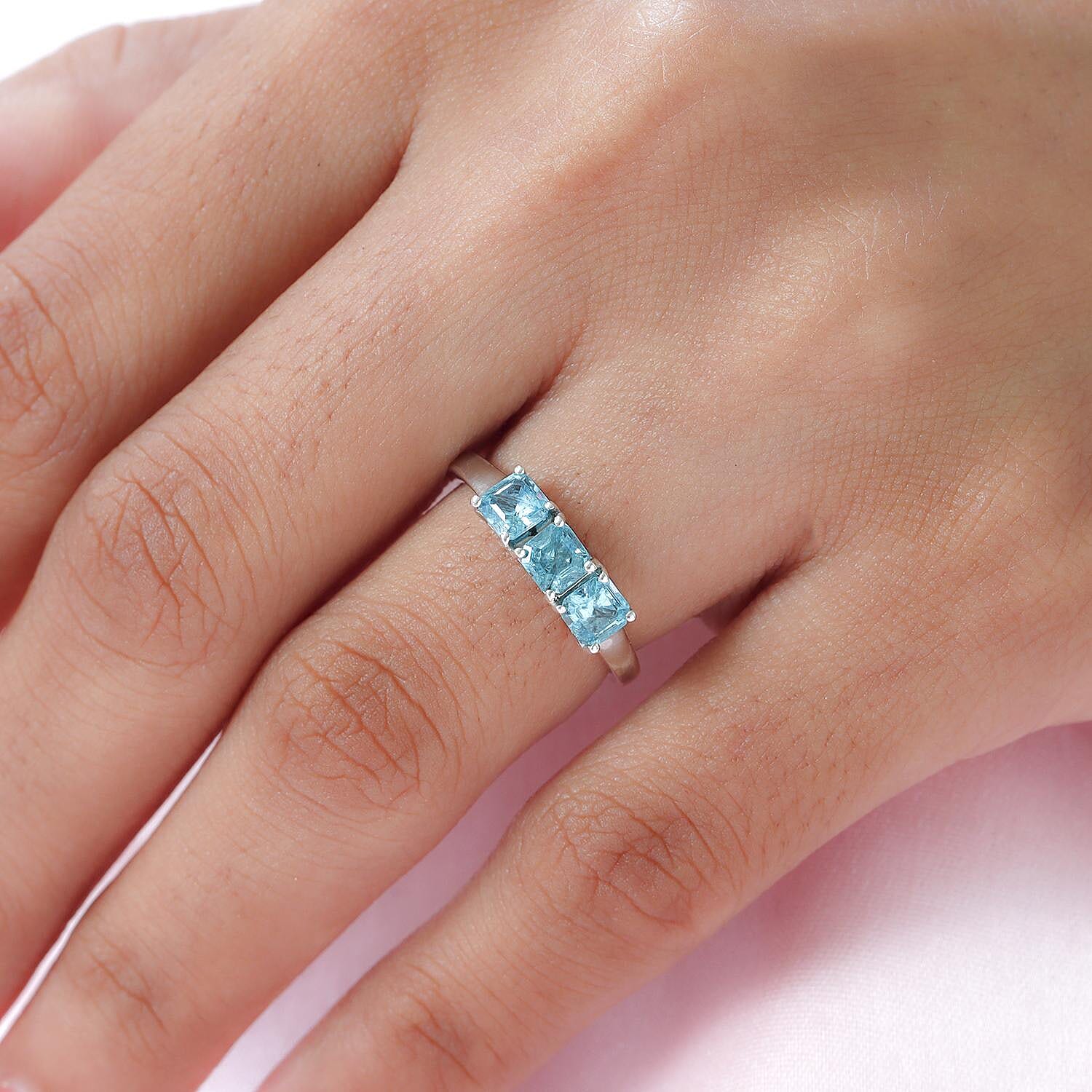Asscher Cut Madagascar Paraiba Apatite 3 Stone Ring in Platinum Over Sterling Silver (Size 10.0) 1.10 ctw