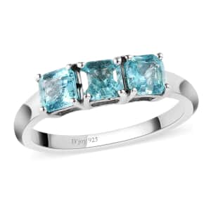 Asscher Cut Madagascar Paraiba Apatite 3 Stone Ring in Platinum Over Sterling Silver (Size 7.0) 1.10 ctw