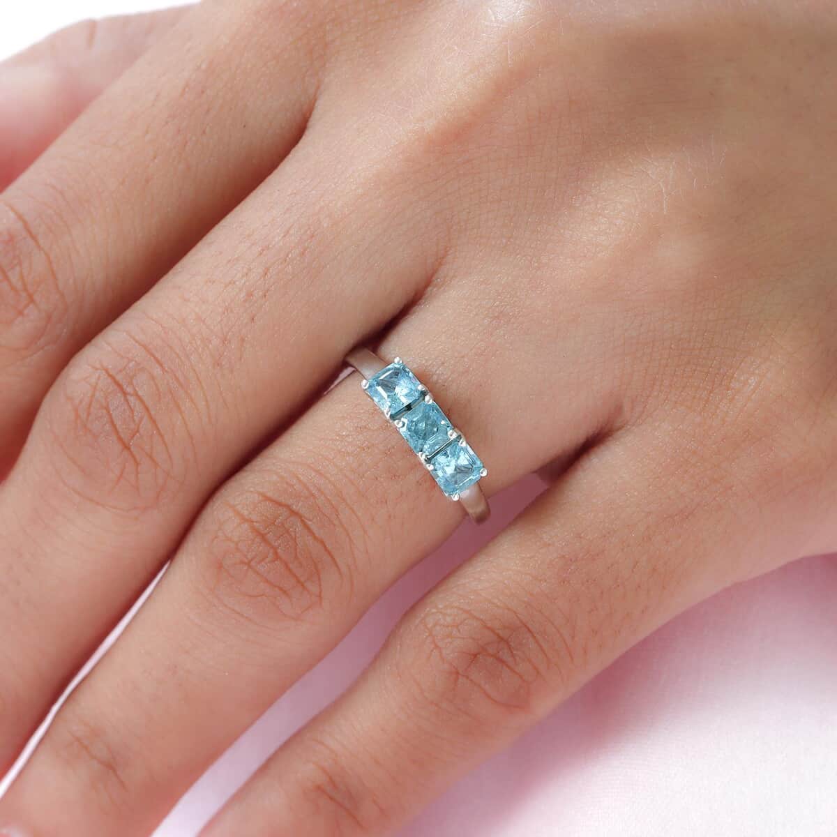 Asscher Cut Madagascar Paraiba Apatite 3 Stone Ring in Platinum Over Sterling Silver (Size 7.0) 1.10 ctw image number 2