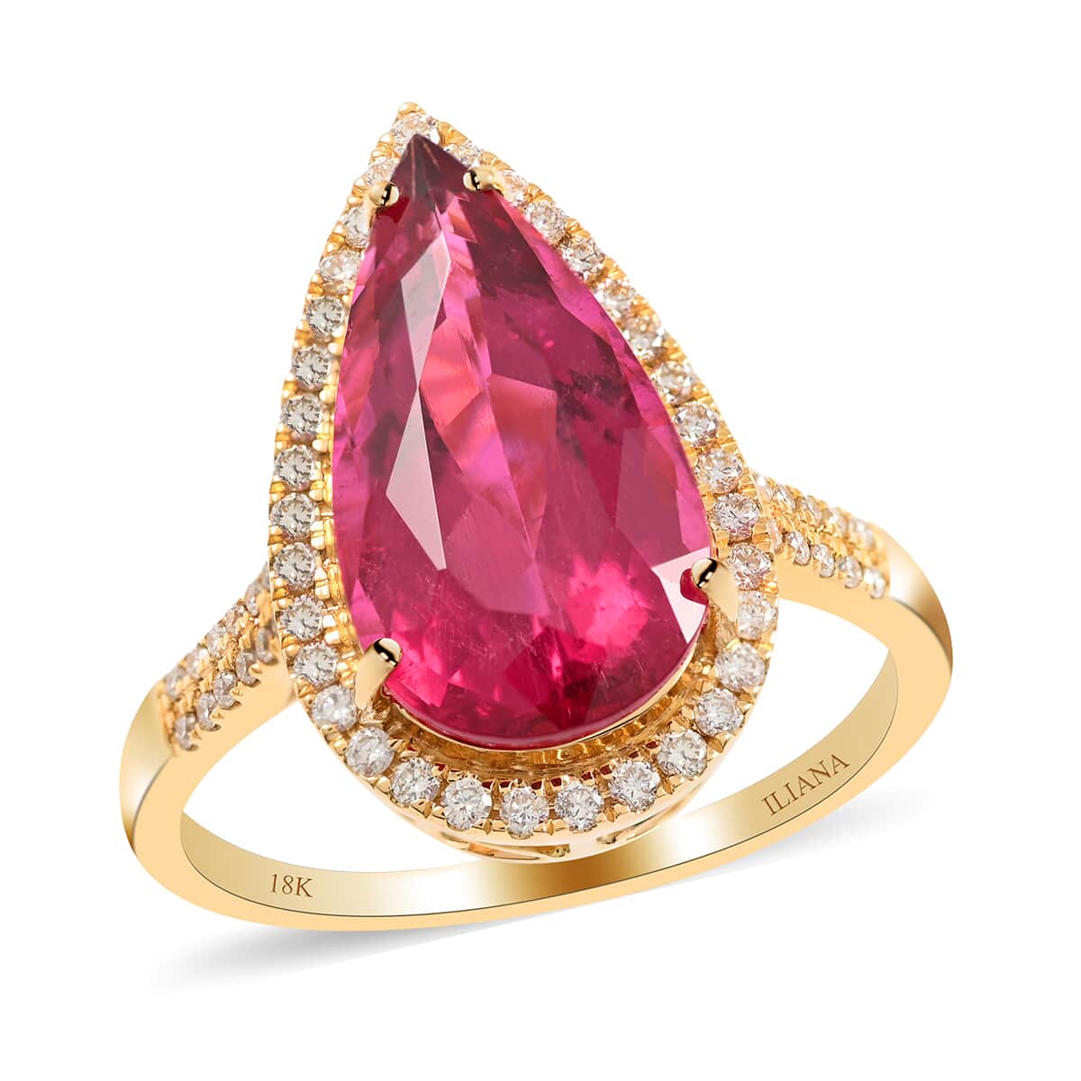 Certified & Appraised ILIANA 18K Yellow Gold AAA Ouro Fino Rubellite and G-H SI Diamond Halo Ring 5.25 Grams 6.10 ctw image number 0