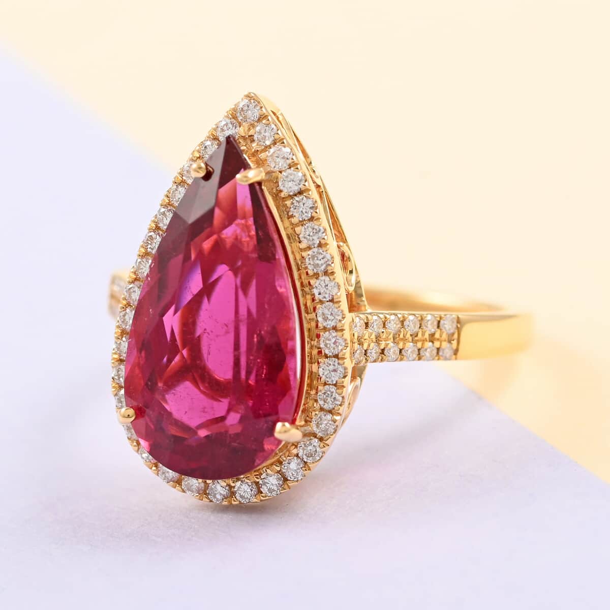 Certified & Appraised ILIANA 18K Yellow Gold AAA Ouro Fino Rubellite and G-H SI Diamond Halo Ring 5.25 Grams 6.10 ctw image number 1