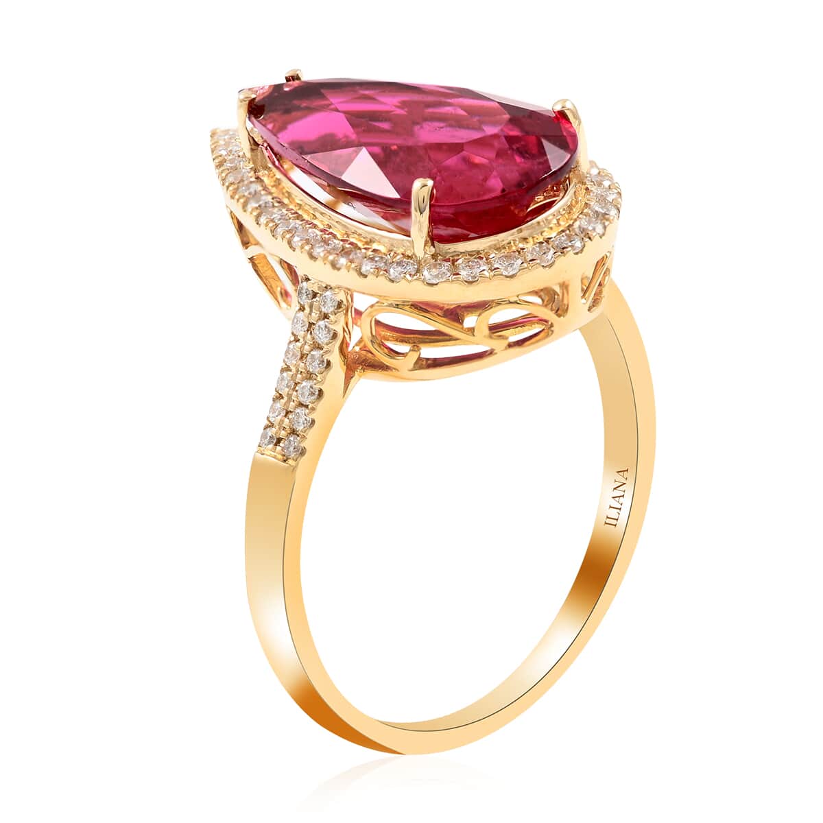 Certified & Appraised ILIANA 18K Yellow Gold AAA Ouro Fino Rubellite and G-H SI Diamond Halo Ring 5.25 Grams 6.10 ctw image number 3