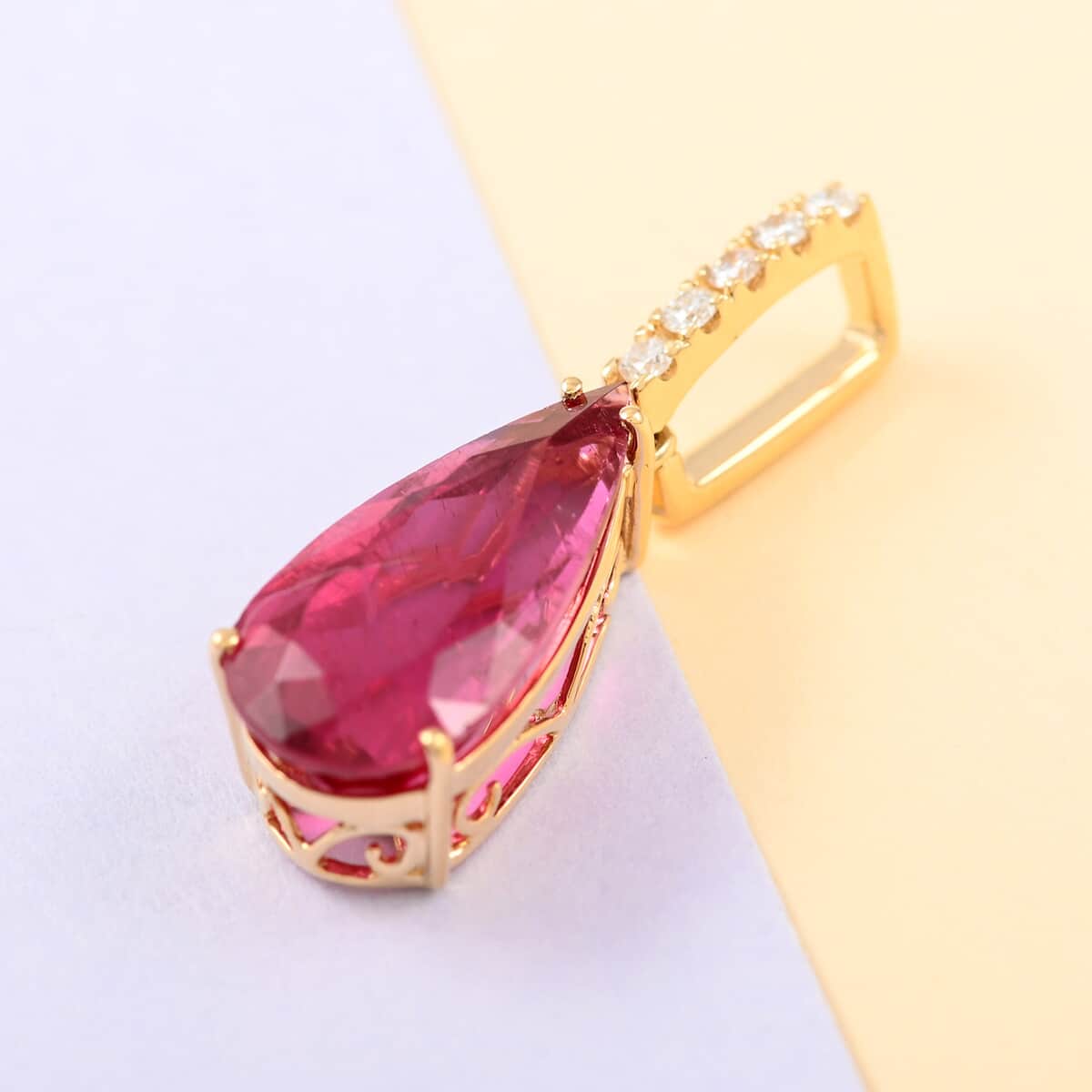 Certified & Appraised ILIANA 18K Yellow Gold AAA Ouro Fino Rubellite and G-H SI Diamond Drop Pendant 4.25 ctw image number 1