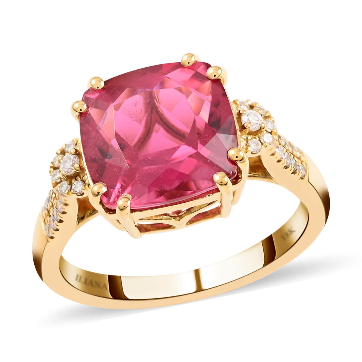 Certified & Appraised ILIANA 18K Yellow Gold AAA Ouro Fino Rubellite and G-H SI Diamond Ring (Size 7.0) 5 Grams 5.55 ctw image number 0