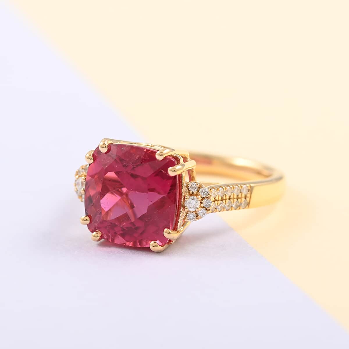 Certified & Appraised ILIANA 18K Yellow Gold AAA Ouro Fino Rubellite and G-H SI Diamond Ring (Size 7.0) 5 Grams 5.55 ctw image number 1