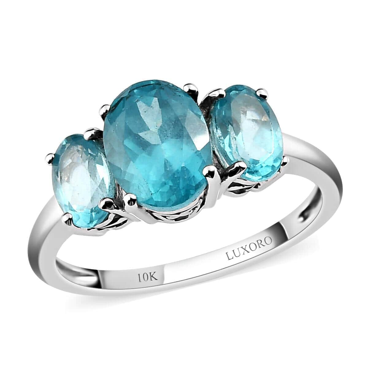 Luxoro 10K White Gold AAA Betroka Blue Apatite 3 Stone Ring 2.60 ctw image number 0