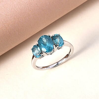 Luxoro 10K White Gold AAA Madagascar Paraiba Apatite 3 Stone Ring (Size 7.0) 2.60 ctw