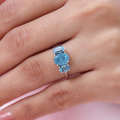 Luxoro 10K White Gold AAA Madagascar Paraiba Apatite 3 Stone Ring (Size 7.0) 2.60 ctw