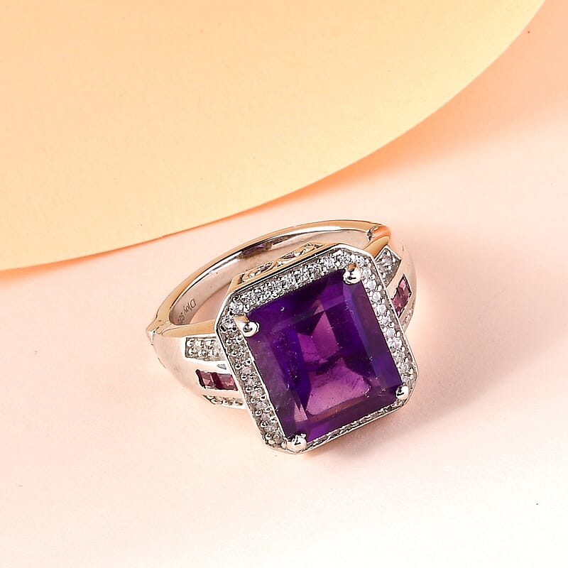 Amethyst and Multi Gemstone Cocktail Ring in Platinum Over Sterling Silver (Size 10.0) 6.10 ctw