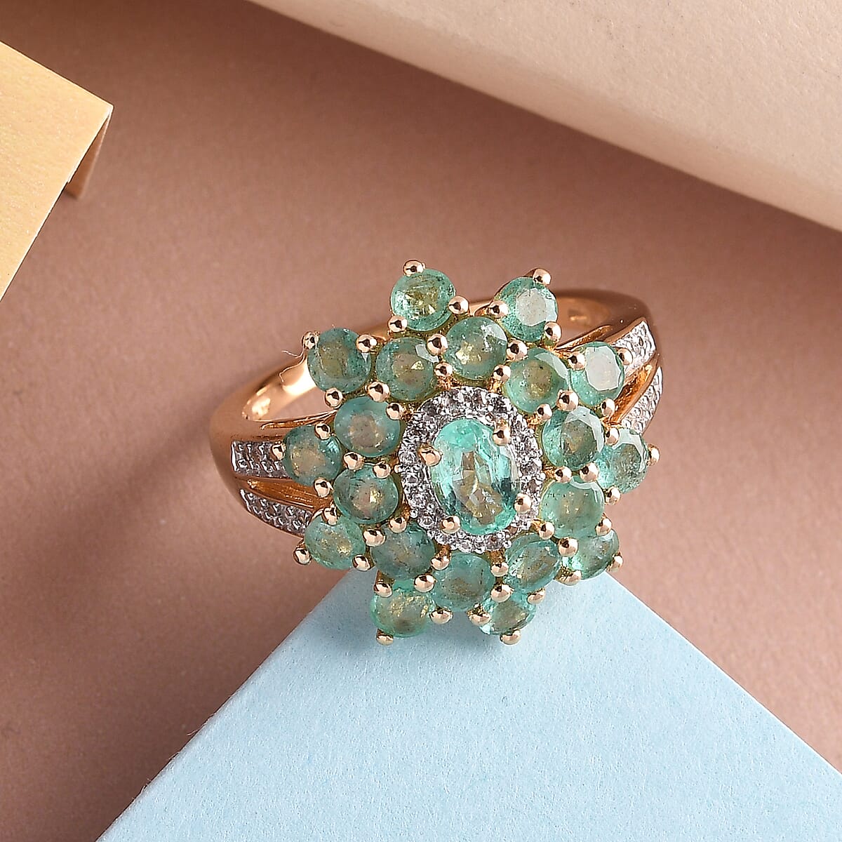 Boyaca Colombian Emerald and Natural White Zircon Floral Ring in Vermeil Yellow Gold Over Sterling Silver (Size 7.0) 3.00 ctw image number 1