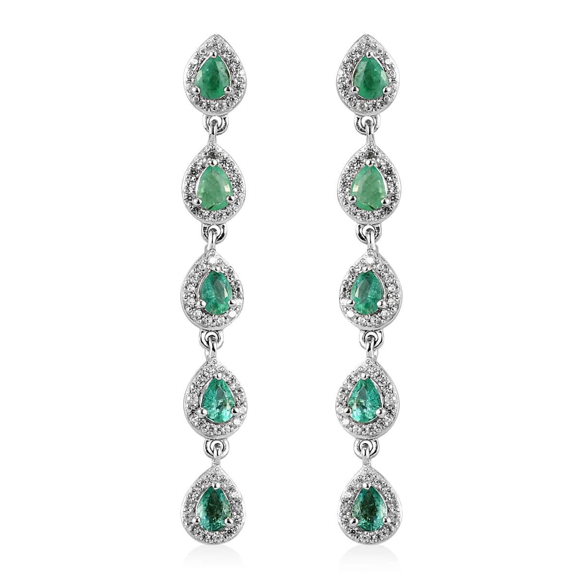 Boyaca Colombian Emerald and Natural White Zircon Dangling Earrings in Platinum Over Sterling Silver 2.35 ctw image number 0