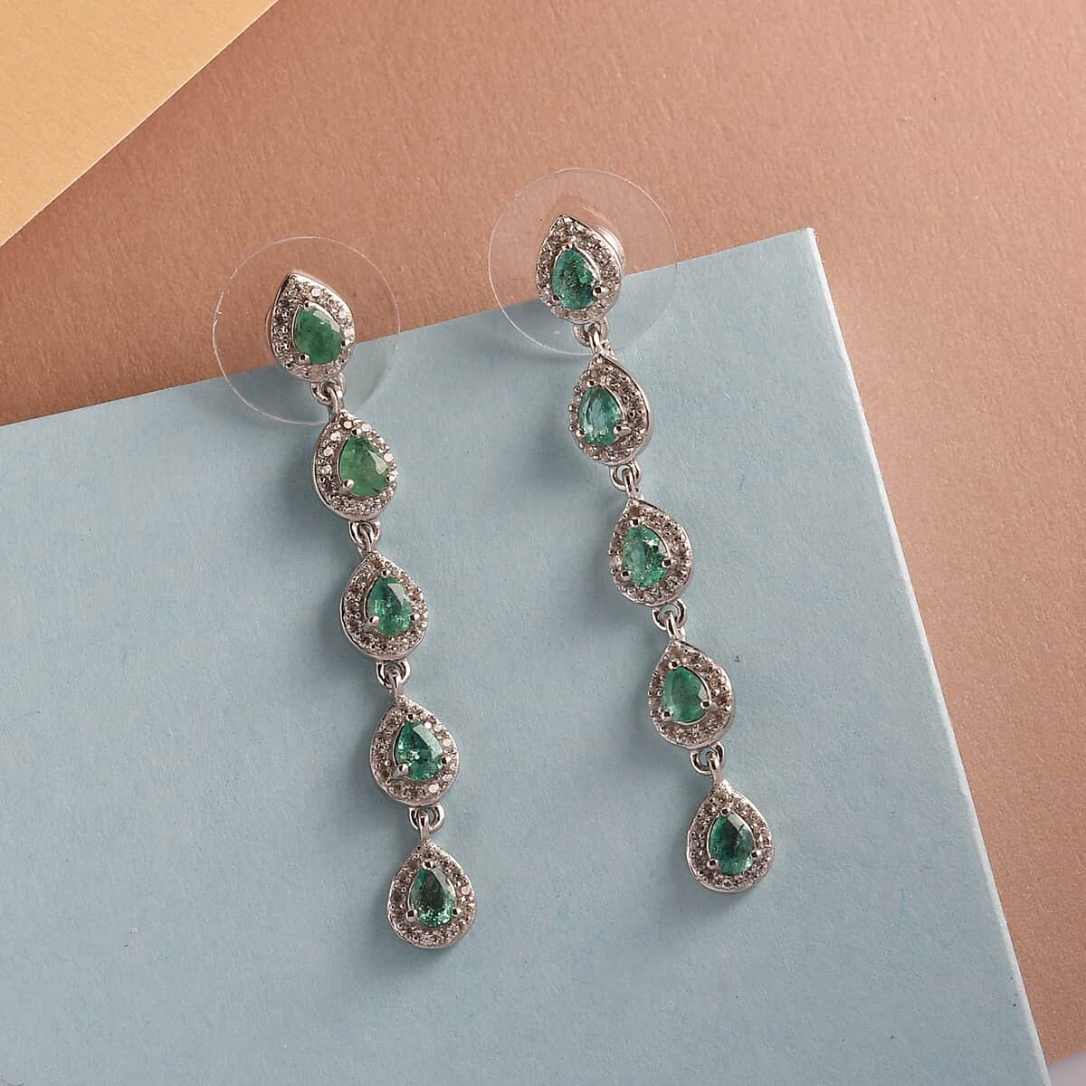 Boyaca Colombian Emerald and Natural White Zircon Dangling Earrings in Platinum Over Sterling Silver 2.35 ctw image number 1