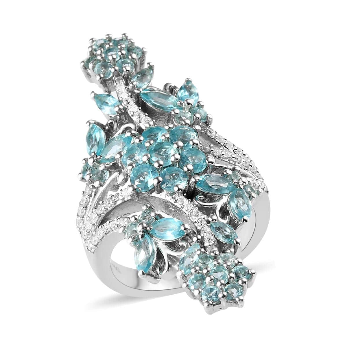 Madagascar Paraiba Apatite and Natural White Zircon Floral Elongated Ring in Platinum Over Sterling Silver 3.90 ctw image number 0