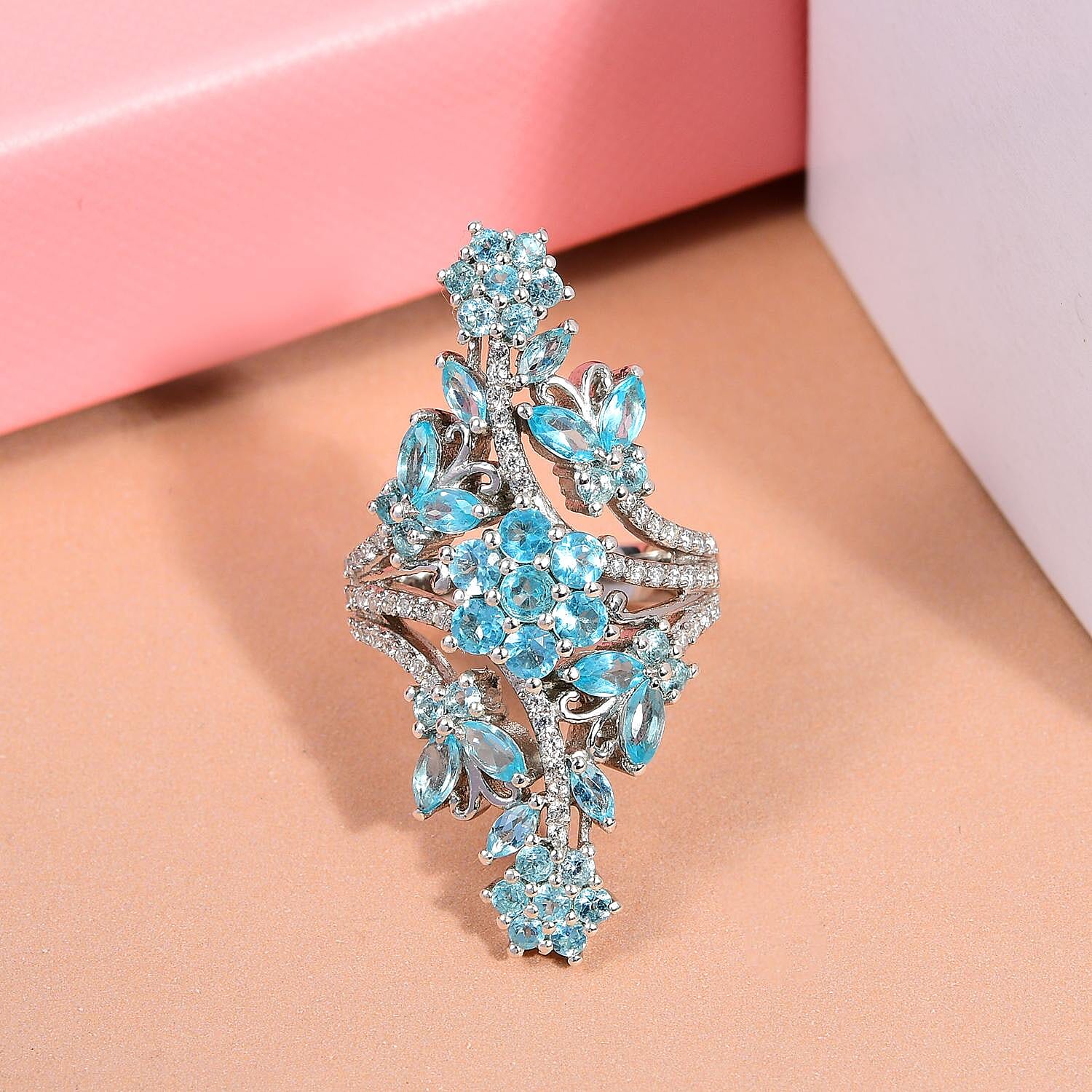 Madagascar Paraiba Apatite and Natural White Zircon Floral Elongated Ring in Platinum Over Sterling Silver (Size 10.0) 3.90 ctw