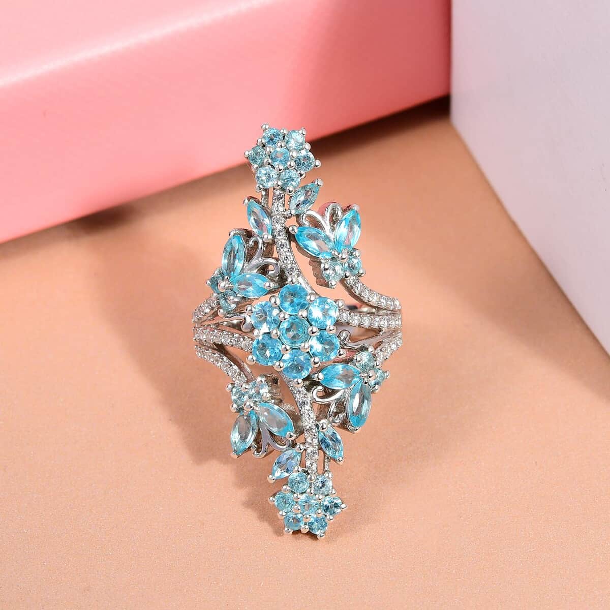 Madagascar Paraiba Apatite and Natural White Zircon Floral Elongated Ring in Platinum Over Sterling Silver 3.90 ctw image number 1