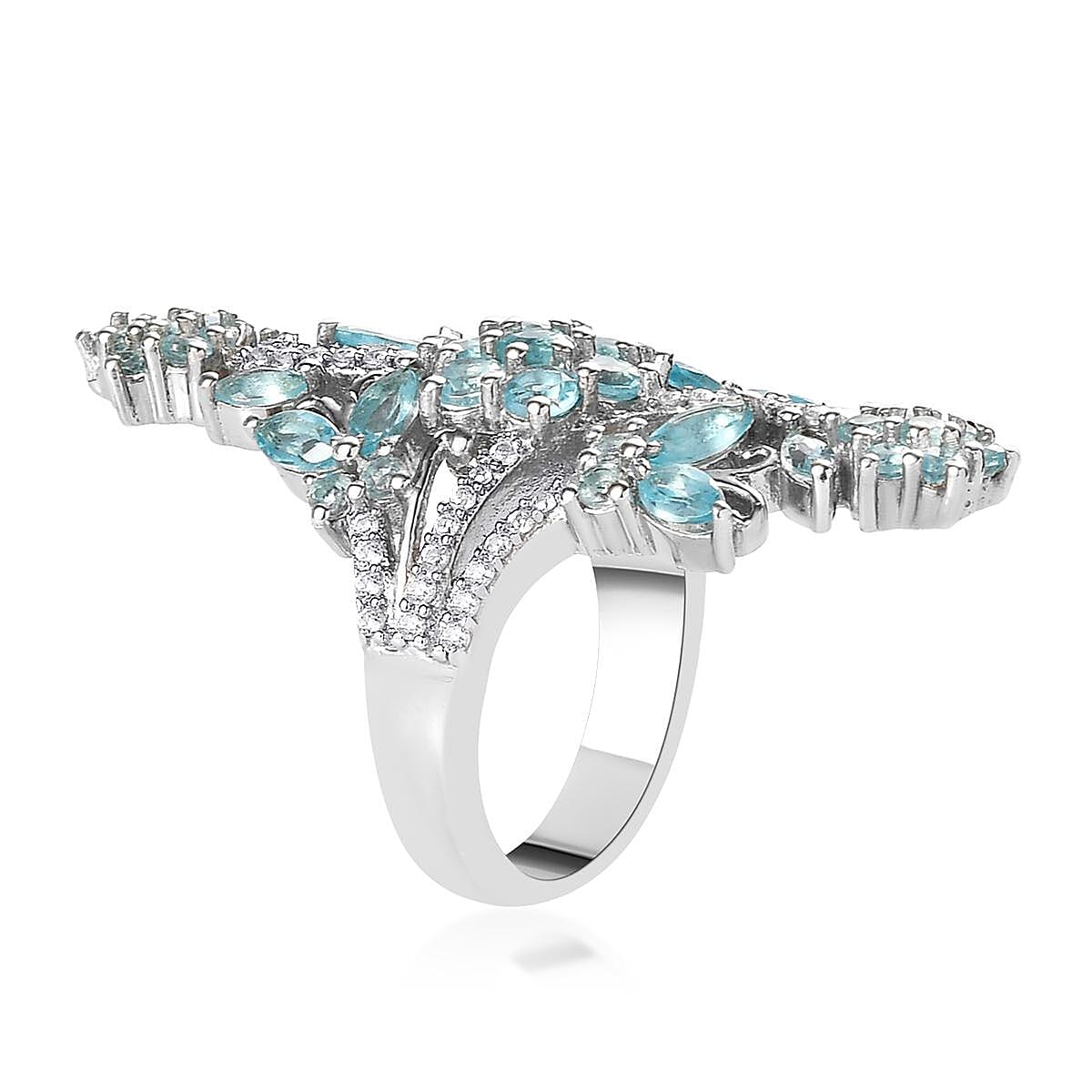 Madagascar Paraiba Apatite and Natural White Zircon Floral Elongated Ring in Platinum Over Sterling Silver (Size 10.0) 3.90 ctw