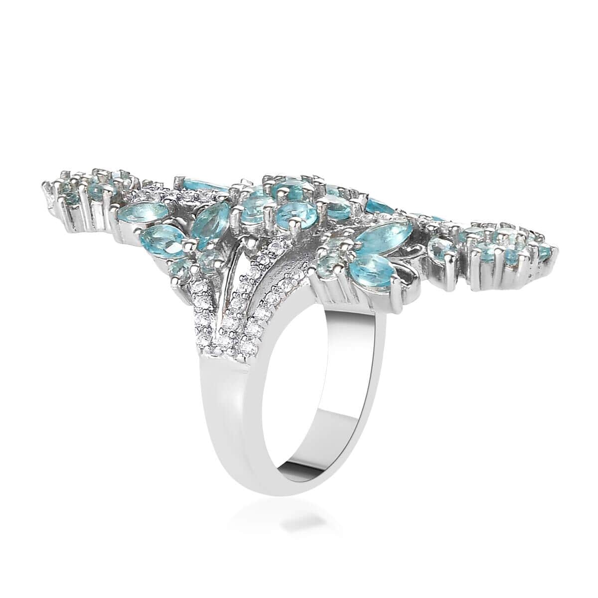 Madagascar Paraiba Apatite and Natural White Zircon Floral Elongated Ring in Platinum Over Sterling Silver 3.90 ctw image number 3