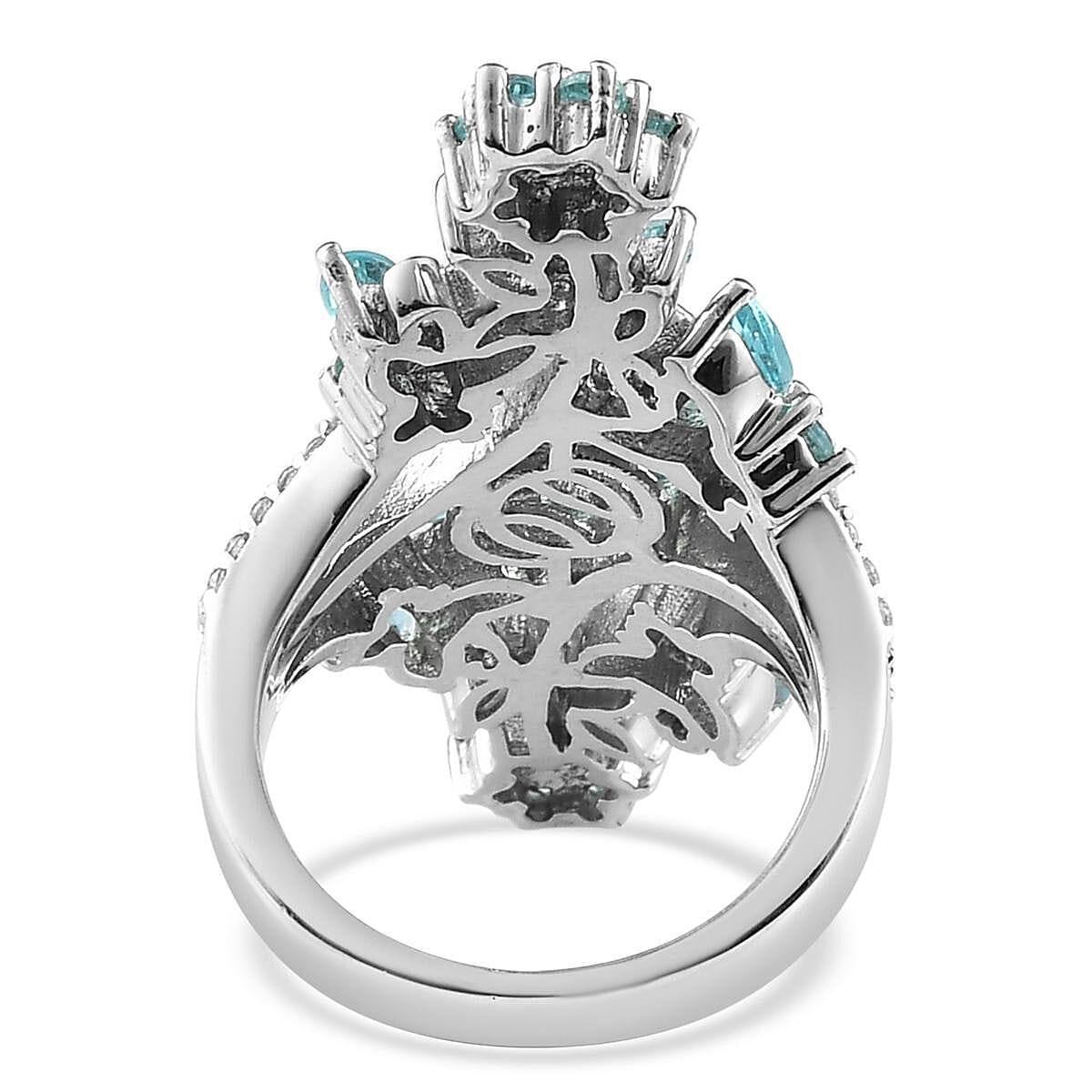 Madagascar Paraiba Apatite and Natural White Zircon Floral Elongated Ring in Platinum Over Sterling Silver (Size 10.0) 3.90 ctw
