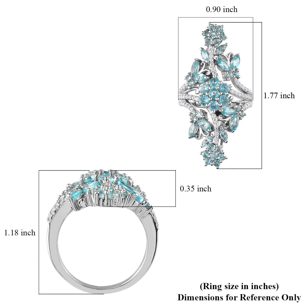 Madagascar Paraiba Apatite and Natural White Zircon Floral Elongated Ring in Platinum Over Sterling Silver 3.90 ctw image number 5