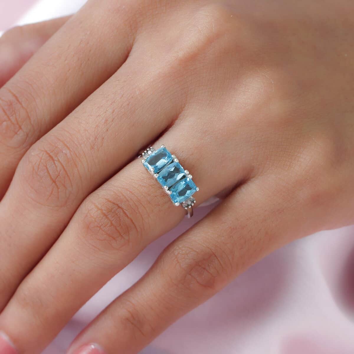 Madagascar Paraiba Apatite and Diamond 3 Stone Ring in Platinum Over Sterling Silver (Size 7.0) 1.85 ctw image number 2