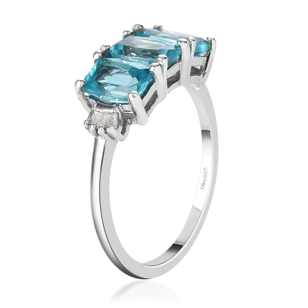 Madagascar Paraiba Apatite and Diamond 3 Stone Ring in Platinum Over Sterling Silver (Size 7.0) 1.85 ctw image number 3