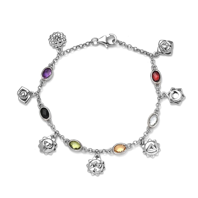 Multi Gemstone Chakra Charm Bracelet in Platinum Over Sterling Silver (7.25 In) 3.15 ctw