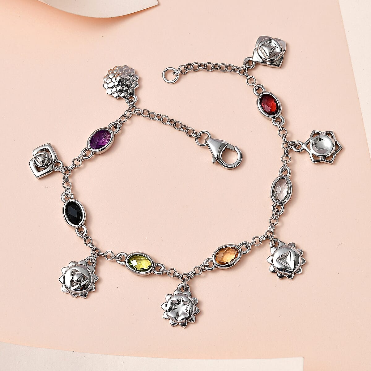 Multi Gemstone Chakra Charm Bracelet in Platinum Over Sterling Silver (7.25 In) 3.15 ctw image number 1
