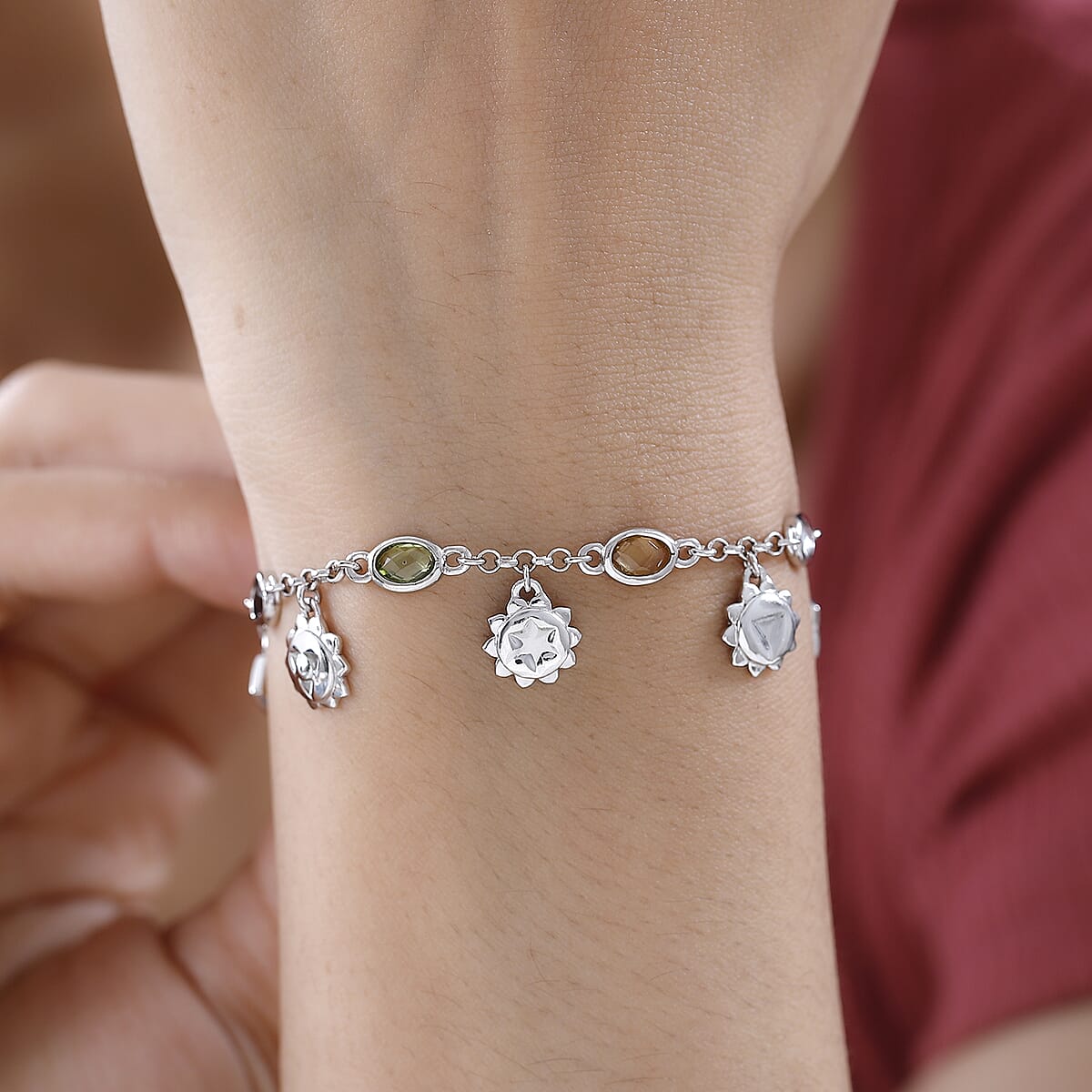 Multi Gemstone Chakra Charm Bracelet in Platinum Over Sterling Silver (7.25 In) 3.15 ctw image number 2