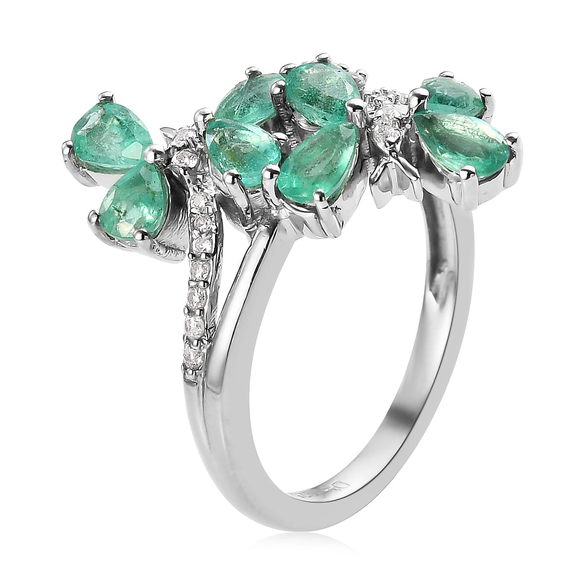 Boyaca Colombian Emerald and Natural White Zircon Bypass Butterfly Ring in Platinum Over Sterling Silver 1.40 ctw image number 3