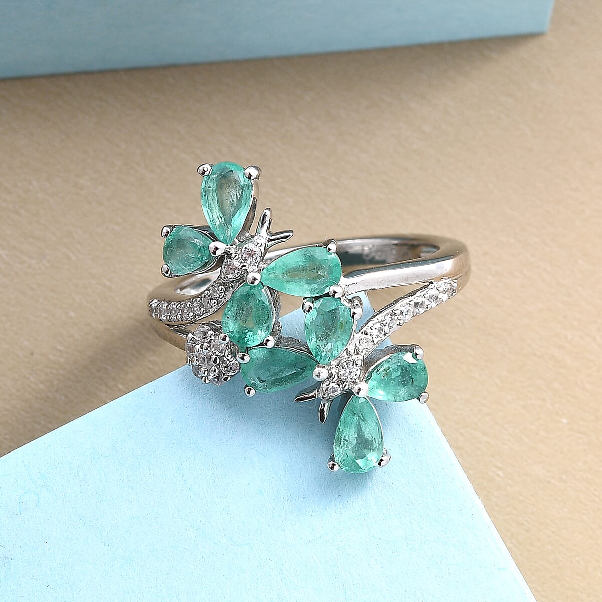 Boyaca Colombian Emerald and White Zircon Bypass Butterfly Ring in Platinum Over Sterling Silver (Size 8.0) 1.40 ctw image number 1