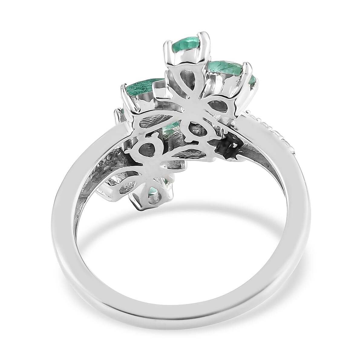 Boyaca Colombian Emerald and White Zircon Bypass Butterfly Ring in Platinum Over Sterling Silver (Size 8.0) 1.40 ctw image number 4
