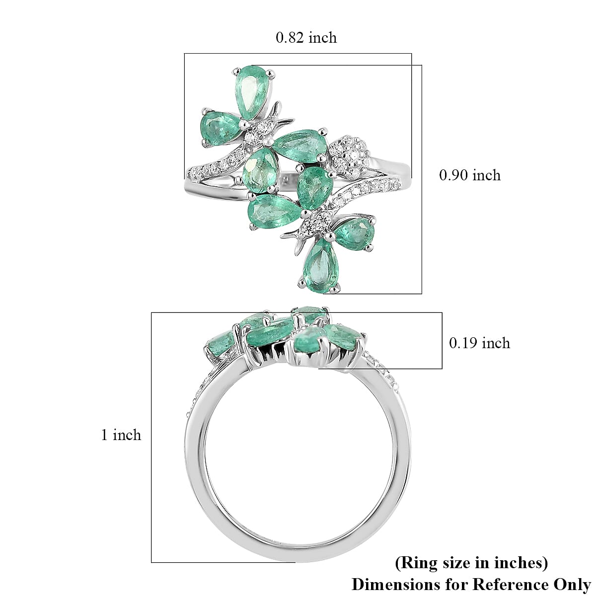 Boyaca Colombian Emerald and White Zircon Bypass Butterfly Ring in Platinum Over Sterling Silver (Size 8.0) 1.40 ctw image number 5