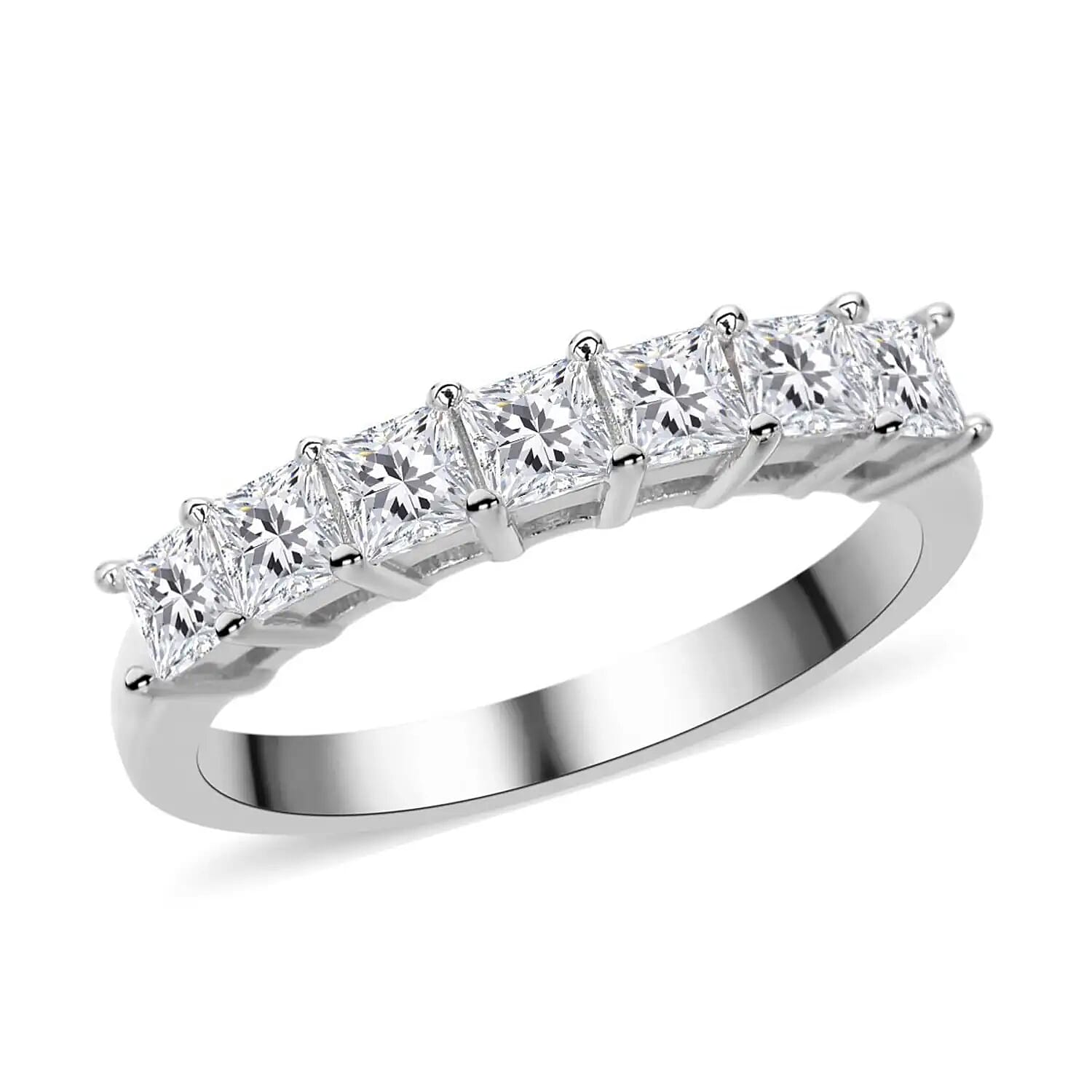 Moissanite 7 Stone Ring in Rhodium Over Sterling Silver (Size 10.0) 1.00 ctw