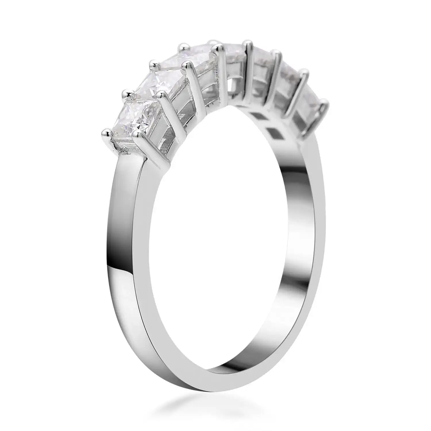 Moissanite 7 Stone Ring in Rhodium Over Sterling Silver (Size 10.0) 1.00 ctw