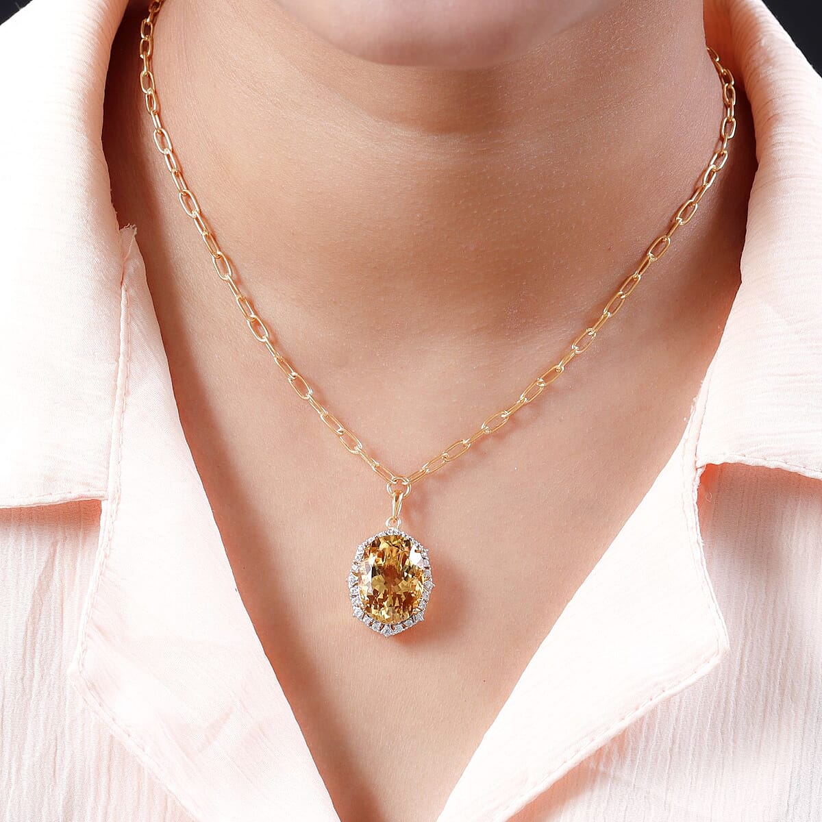 Serra Gaucha Citrine and Natural White Zircon Paper Clip Chain Necklace 18 Inches in Vermeil Yellow Gold Over Sterling Silver 12.35 ctw image number 2