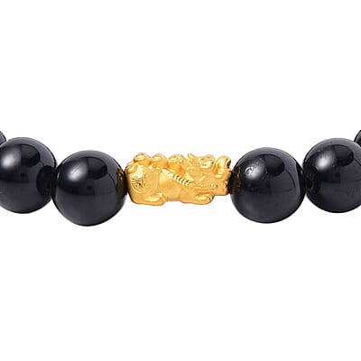 AAAA Black Tourmaline 158.50 ctw Beaded Stretch Electroform Feng Shui Pi xiu Bracelet in 24K Yellow Gold, 24K Yellow Gold Bracelet, Beads Bracelet, Stretch Bracelet