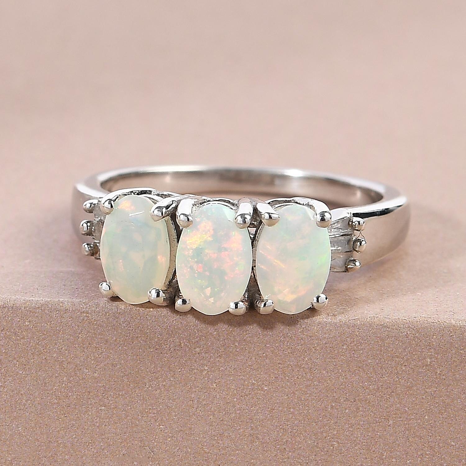Premium Ethiopian Welo Opal and Diamond 3 Stone Ring in Platinum Over Sterling Silver (Size 9.0) 1.00 ctw