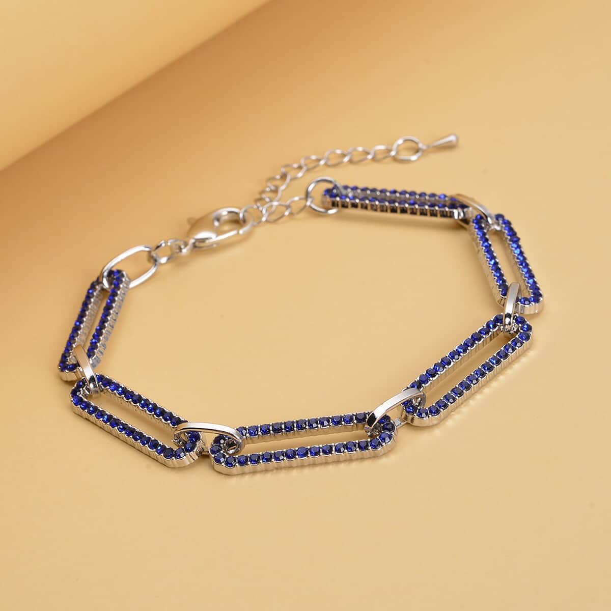 Blue Austrian Crystal Paper Clip Chain Bracelet in Silvertone (7.50-9.50In) image number 1