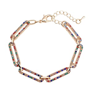 Doorbuster Multi Color Austrian Crystal Paper Clip Chain Bracelet in Goldtone (7.50-9.50In)
