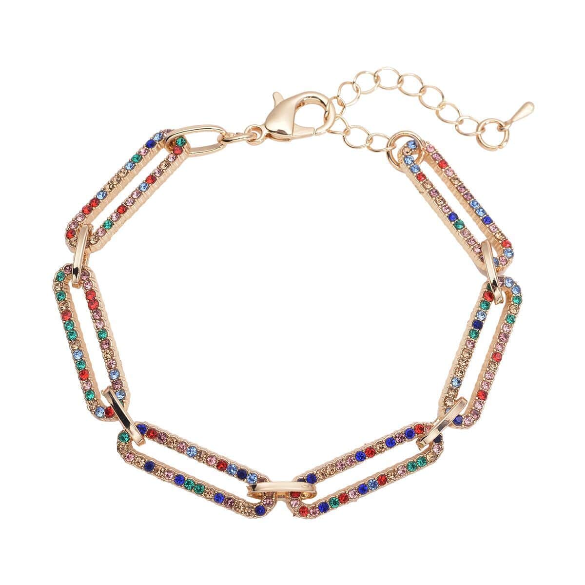 Multi Color Austrian Crystal Paper Clip Chain Bracelet in Goldtone (7.50-9.50In) image number 0