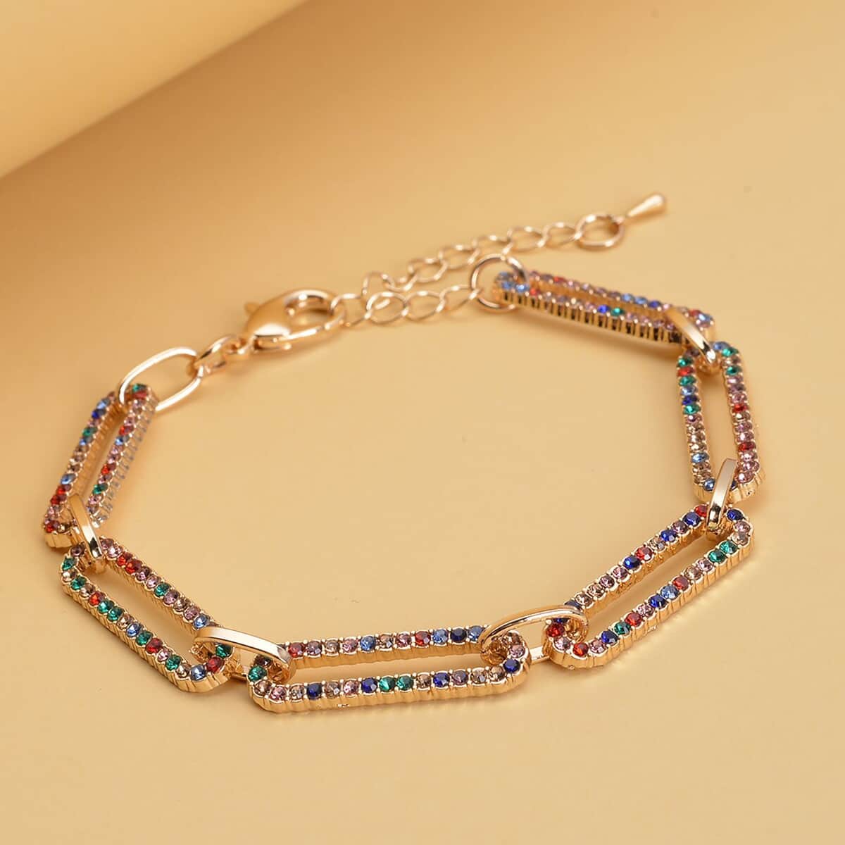 Multi Color Austrian Crystal Paper Clip Chain Bracelet in Goldtone (7.50-9.50In) image number 1
