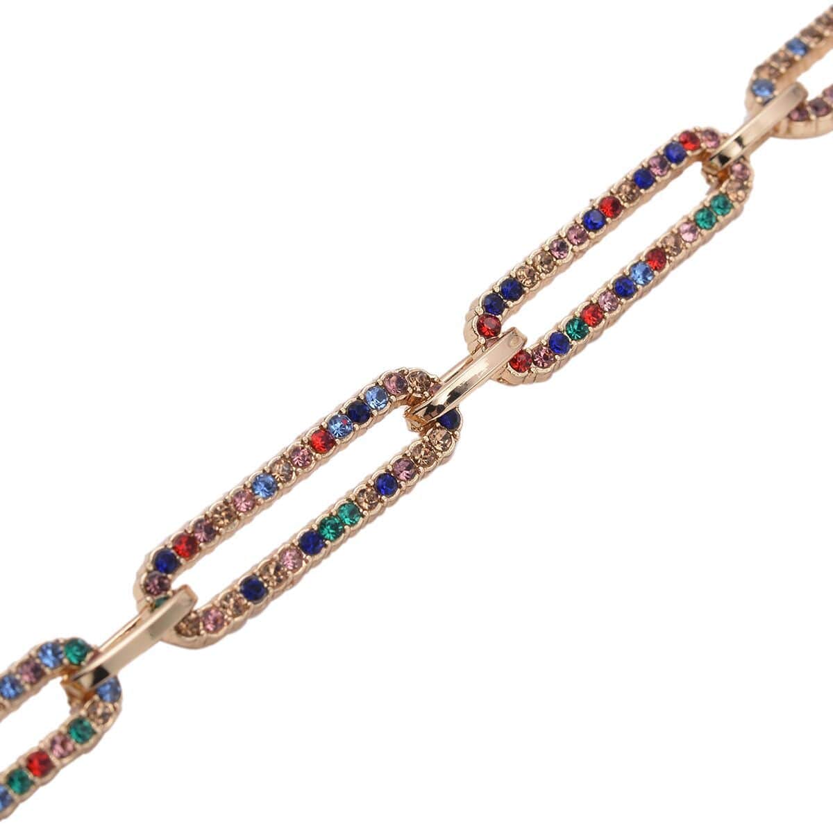 Multi Color Austrian Crystal Paper Clip Chain Bracelet in Goldtone (7.50-9.50In) image number 3