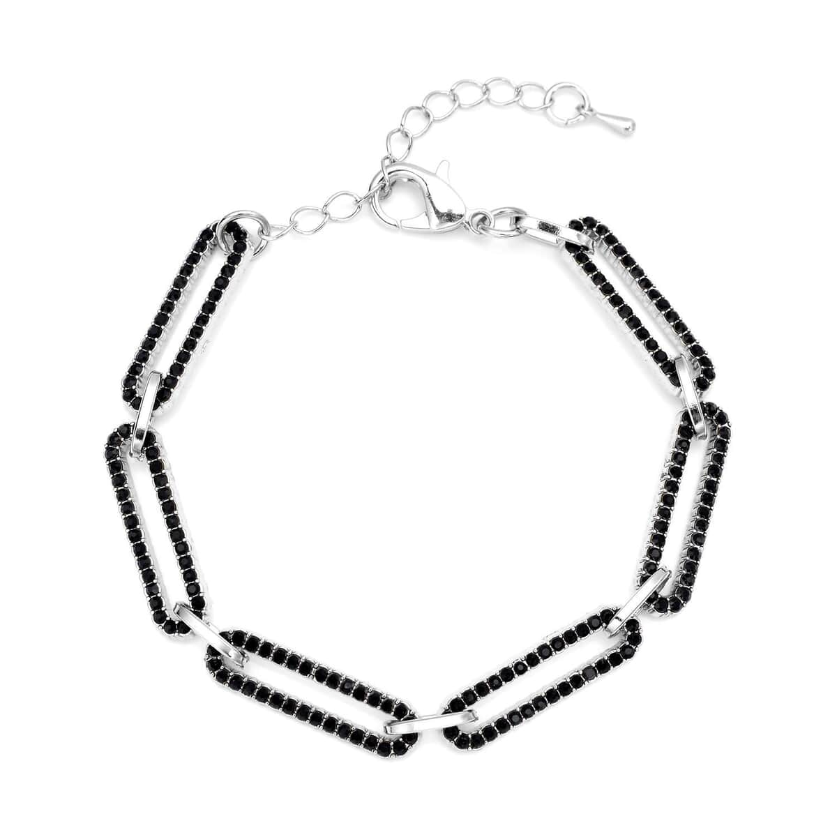 Black Austrian Crystal Paper Clip Chain Bracelet in Silvertone (7.50-9.50In) image number 0