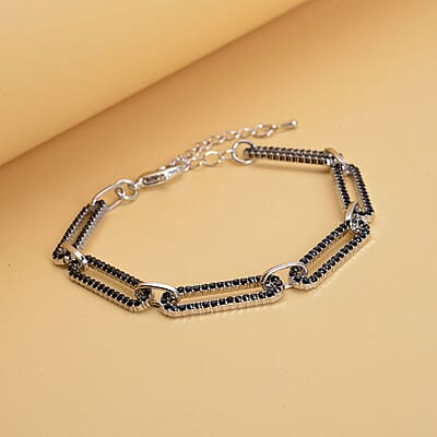 Black Austrian Crystal Paper Clip Chain Bracelet in Silvertone (7.50-9.50 Inches)