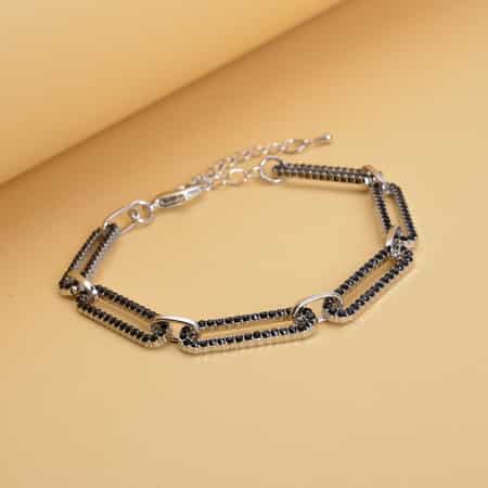 Black Austrian Crystal Paper Clip Chain Bracelet in Silvertone (7.50-9.50In) image number 1