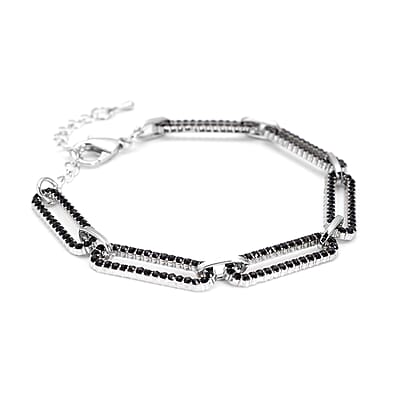Black Austrian Crystal Paper Clip Chain Bracelet in Silvertone (7.50-9.50 Inches)