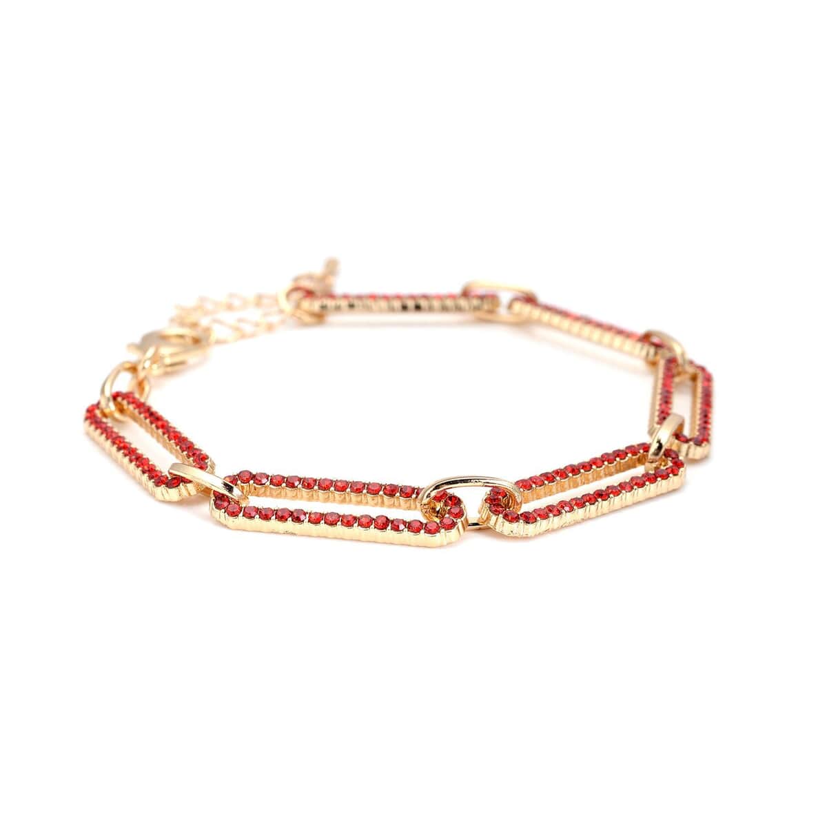 Red Austrian Crystal Paper Clip Chain Bracelet in Goldtone (7.50-9.50In) image number 2