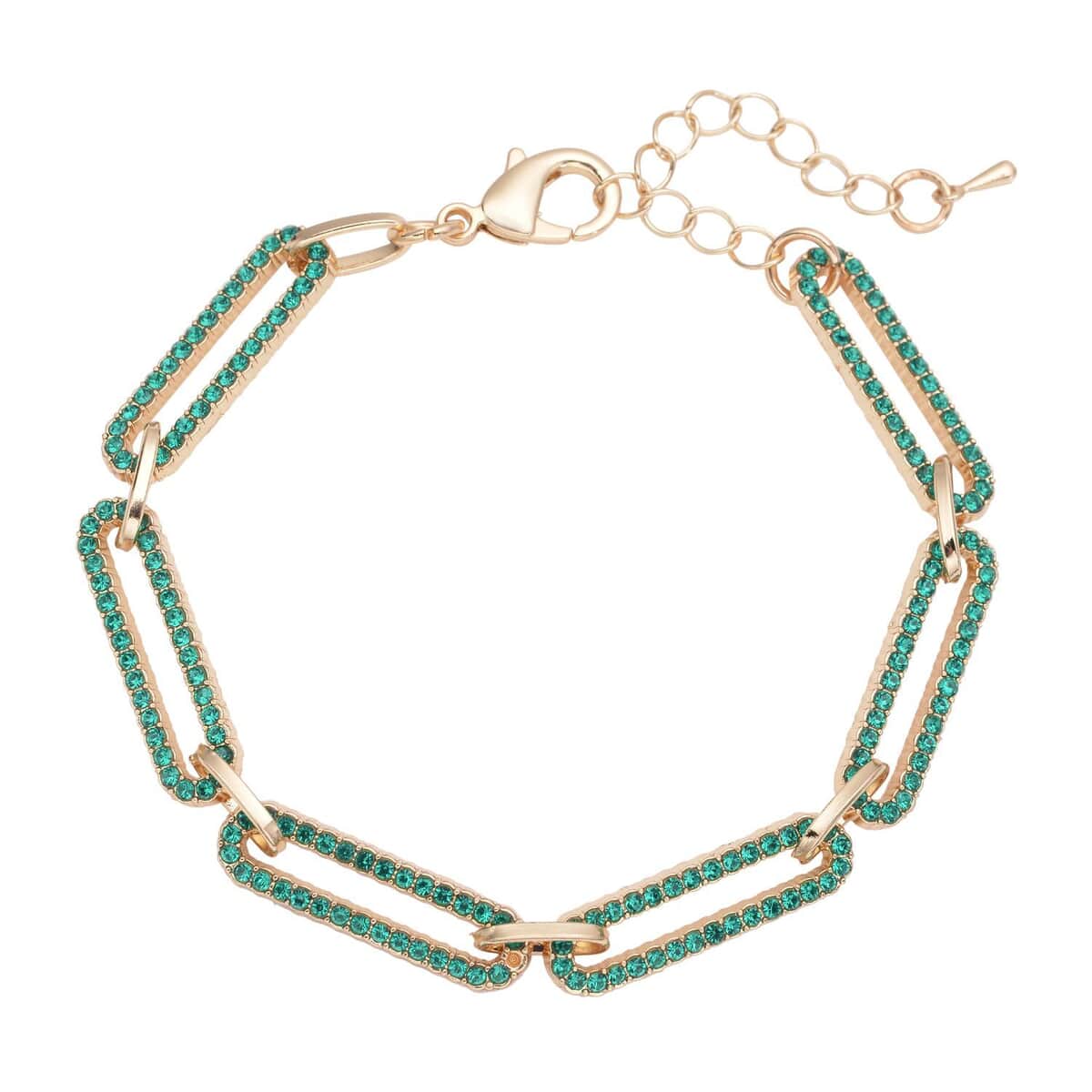 Neon Green Austrian Crystal Paper Clip Chain Bracelet in Goldtone (7.50-9.50In) image number 0