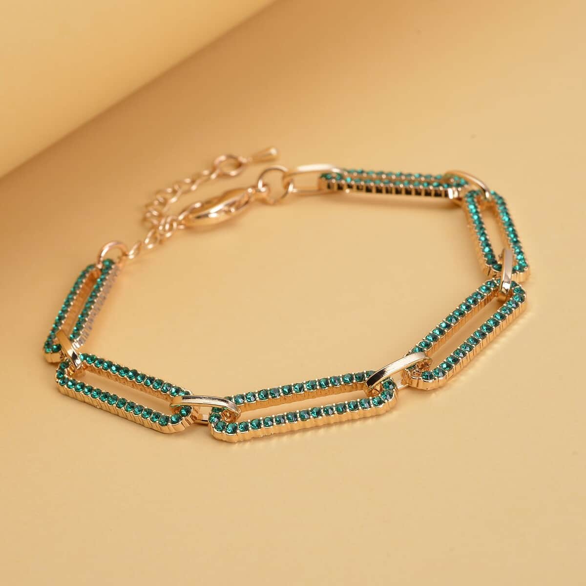 Neon Green Austrian Crystal Paper Clip Chain Bracelet in Goldtone (7.50-9.50In) image number 1