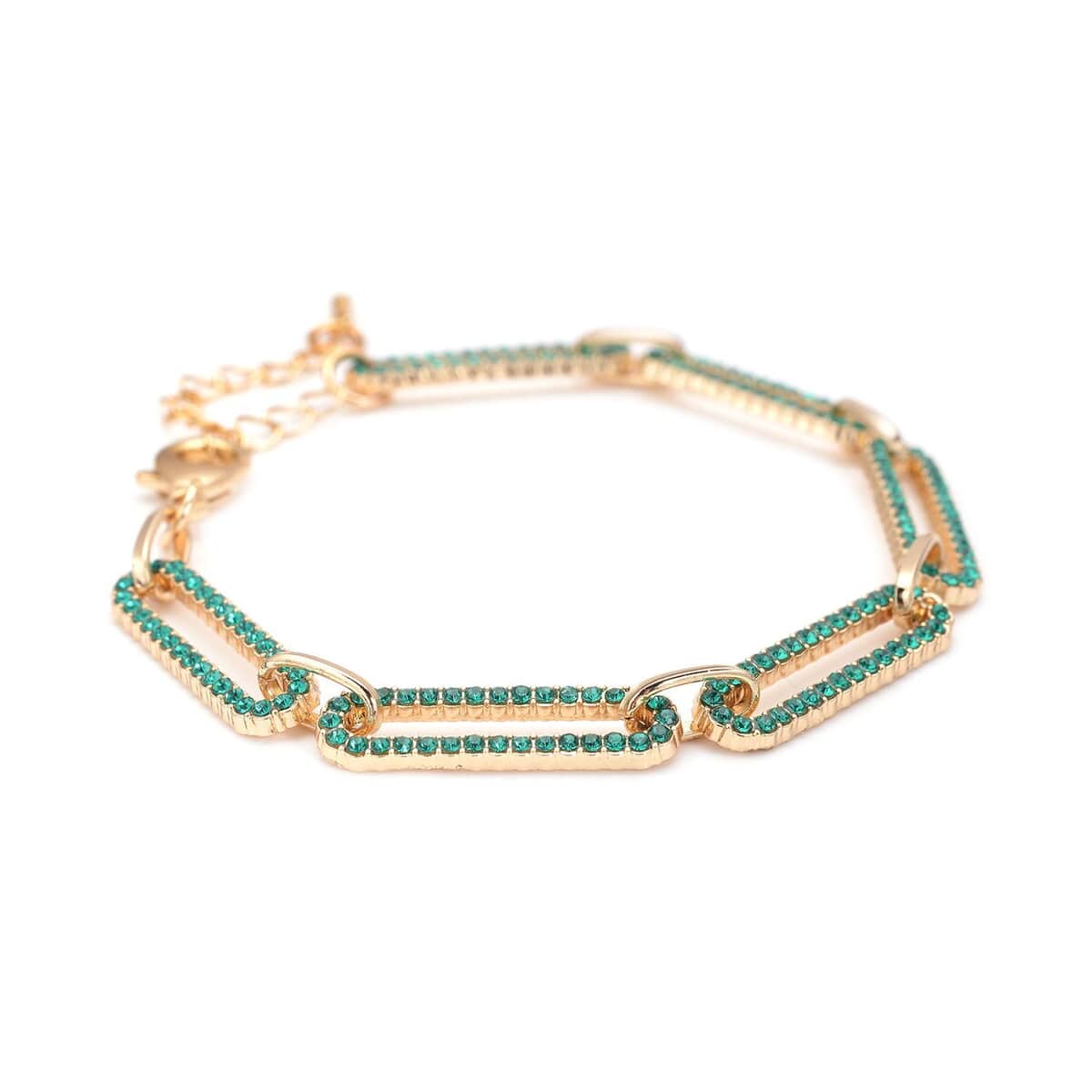 Neon Green Austrian Crystal Paper Clip Chain Bracelet in Goldtone (7.50-9.50In) image number 2